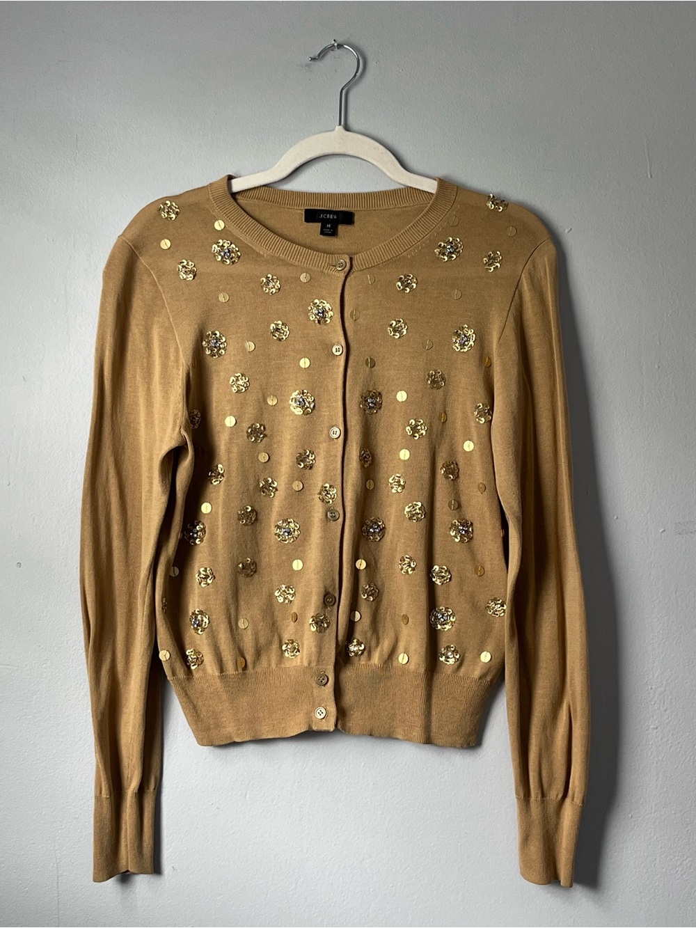 J. Crew Camel Cardigan with Gold Sequin Embellishment